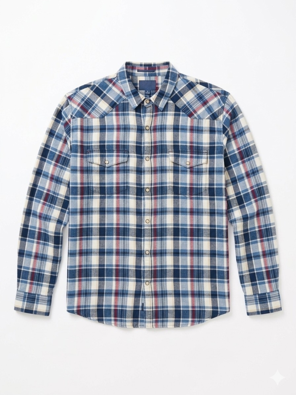Lucky Brand Navy and Cream Plaid Button-Down Shirt with Red Accents